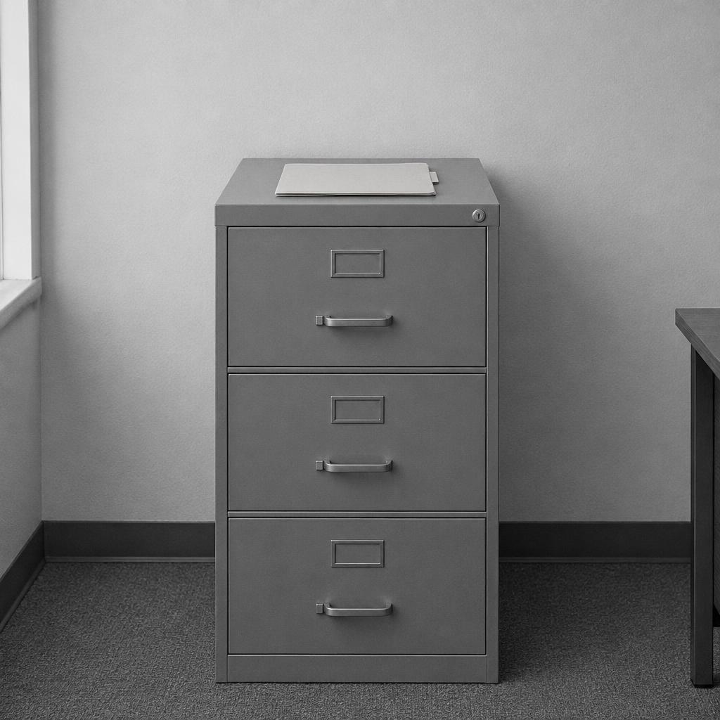 A closed metal filing cabinet in a plain records office, a single manila folder resting on top